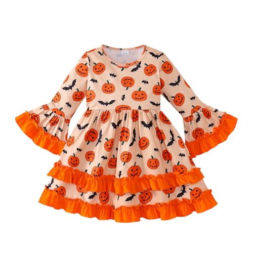 Halloween Little Girl Dress Pumpkin/Bat Outfit Flared Sleeve Ruffled Dresses 3-8T