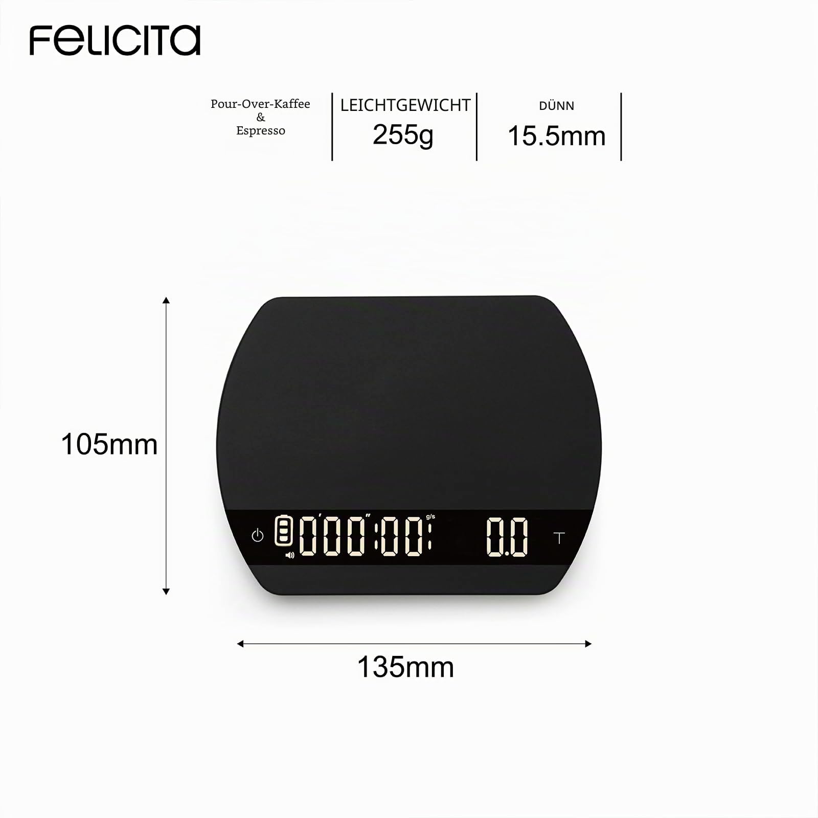 FELICITA ARC Kaffeewaage, Elektronische Espressowaage und Pour-Over Kaffeewaage mit Timer, 0,1 g Genaue, Wasserdurchflussmenge und Auto-Timing-Funktionen mit 5 Arbeitsmodi