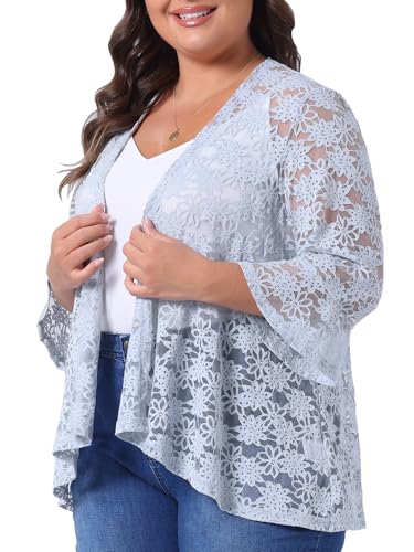 Image of Agnes Orinda Women Plus Size Open Front Lace Cardigans | 3 /4 Bell Sleeve Sheer Formal Bolero Shrugs Lightweight Floral Crochet Cover Up