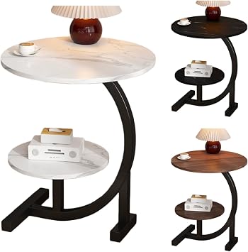 Side Table, Sofa, Bedside Table, C-Shape, 2 Tiers, Mini Round, Marble Pattern, 2 Drawers, For Living Room/Bedroom/Entryway, Nordic Style, Modern, Easy to Assemble 2 Tiers White, Table Edges