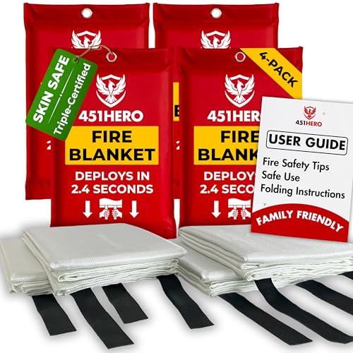 Image of Emergency Fire Blanket - 4 Pack, Triple Certified, Comfort Weave Skin-Safe Fiberglass, Fire Blankets for Home, Kitchen, RV, Camping & Emergency Kits | Multi-Zone Fire Protection for Families