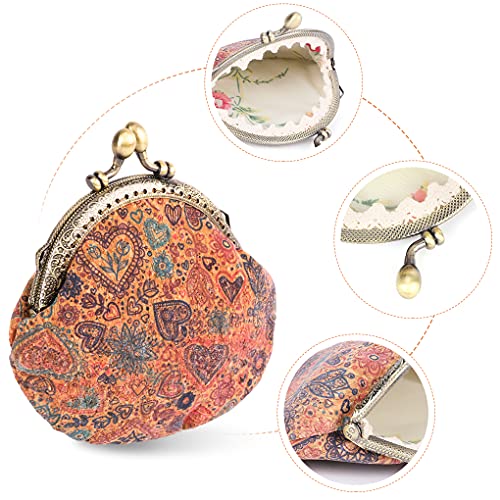 Oyachic Floral Buckle Coin Purses Vintage Pouch Kiss-Lock Change Purse Wallets Pu Wood Grain Key Holder Coin Bag Make Up Bag (Heart) #TOP1