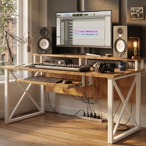 Image of FFO Music Studio Desk | Music Studio Desk with Keyboard Tray | Workstation,Laptop PC Computer, Music Instrument Table for Music Producers | (150L x 60W x 87H CM) | DIY White and Coach Wood