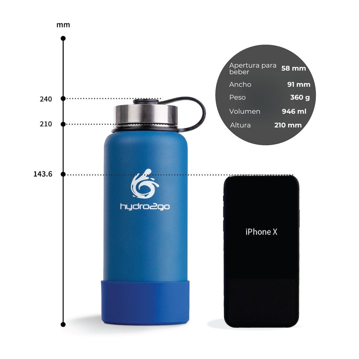 hydro2go® botella de bebida de acero inoxidable X-AlpsBotella - 1000ml / 1l | botella termo aislada al vacío + 3 tapones para beber | Matraz a prueba de fugas | botella para deportes al aire libre de doble pared | Termo