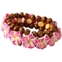 Pingyongchang Boho Hawaiian Plumeria Rubra Bracelets for Women Handmade Colorful Tropical Flower Wooden Beads Stretch Bracelet Summer Beach Holiday Jewelry Gifts