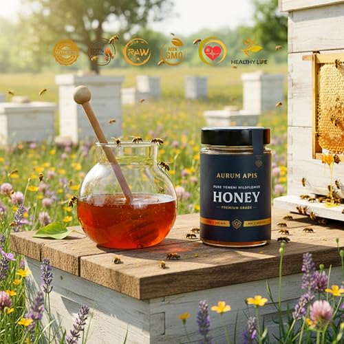 Image of Aurum Apis Raw Yemeni Wildflower Honey, 100% Raw Unfiltered Pure Honey, Hand Harvested Organic Honey, Non-GMO, Rich in Nutrients & Energy Source, Respiratory Relief, Certified Thick Honey - 330g Honey Jar