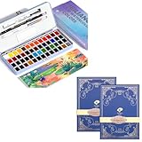 MEI LIANG 52 Colors Travel Watercolor Paint Set (Blue Case) And Paul Rubens 5.8 x 8.2 Inches Organ Style Watercolor Paper, 140lb/300GSM 50% Cotton Cold Pressed Pack of 2 (14 Sheets)