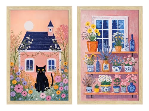 Image of ArtX Paper Boho Cat Art Paintings with Frame for Home Decor, Abstract Wall Painting for Living Room, Multicolor, Natural Wood Color Frames, 12.0 x 18.0 inch, Set of 2