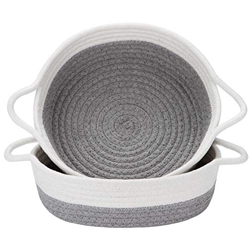 Sea Team 2-Pack Cotton Rope Baskets, 10 x 3 Inches Small Woven Storage Basket, Fabric Tray, Bowl, Round Open Dish for Fruits, Jewelry, Keys, Sewing Kits (Grey & White)