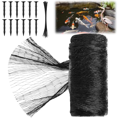 Yoojahow Koi Pond Netting Kit 7 x 10ft Bird Deer Fence Netting Durable Net Cover for Leaves Heavy Duty Fine Mesh Protect Fish from Blue Heron Birds Cats & Predators 12 Pcs Stakes & Ties Included