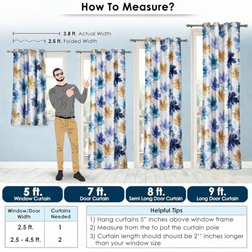 Image of HUTI 5 Feet Blue Window Curtain Set of 2 | Semi Transparent Leaf Print | Light Filtering Polyester | Eyelet Curtains for Living Room & Bedroom 4x5 ft (120 x 150 cm) | Perfect for Home Decor