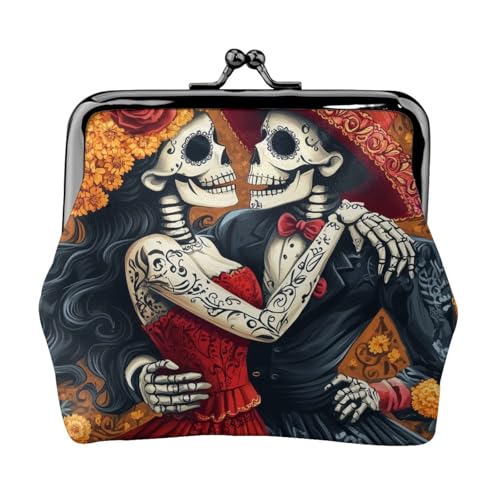 Pu Leather Buckle Coin Purse Marigold-Romantic-Dead-Skeletons Girls Kiss-Lock Change Purse Wallets