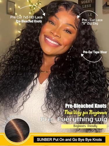 Image of Sunber Water Wave Bye Bye Knots Glueless Human Hair Wig 7x5 HD Lace 16inch | Pre Cut Lace Front Wig Pre Plucked Pre Bleached Knots Drawstring Wear and Go Wig with 4C Edges Ready to Go for Women