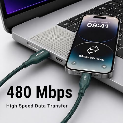 Image of PHILIPS DLC4130LT /94 27W iPhone Original Type-C to Lightning Fast Charging Cable (1m, Crystal Teal) | MFi Certified | 480Mbps | Nylon Braided | Compatible with iPhone & Other Lightning Devices