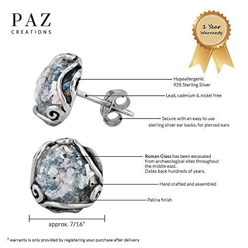 Paz Creations Women's 925 Sterling Silver Roman Glass Patina Stud Earrings - Handcrafted In Israel Round-Cut Ball Earring - Unique Natural Organic Jewelry For Her #TOP2