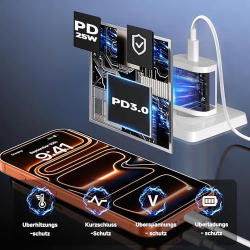 25W USB C Ladegerät Ladekabel für iPhone 17 16 16e 15/17 16 15 Pro Max/16 15 Plus, iPad Pro/Air/10.11.Generation, USB C Adapter Schnellladegerät Netzteil Stecker mit 1M Kabel Schnellladekabel