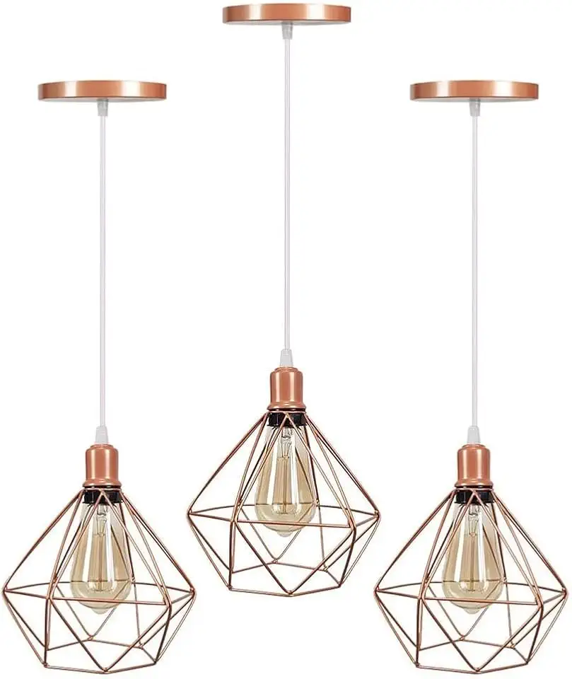 Kit 3 Lustre Pendentes Luminárias de Teto Modelo Diamante Rose Gold