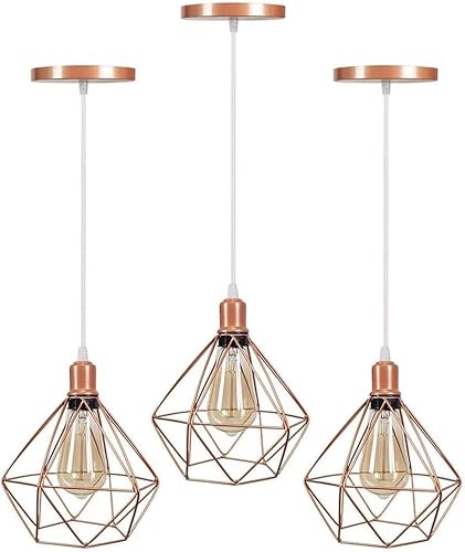 Kit 3 Lustre Pendentes Diamante Luminárias de Teto Cabo Regulável Modelo Diamante Rose Gold