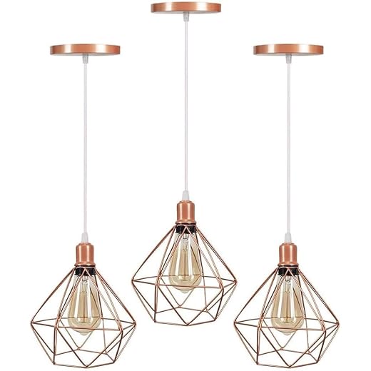 Kit 3 Lustre Pendentes Diamante Luminárias de Teto Cabo Regulável Modelo Diamante Rose Gold