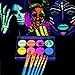 UV Face Painting Kit,Glow In The Dark Face Paint, 8 Neon Fluorescent Black Light Glow Makeup Water Activated with 10 Painting Brushes ，Non-Toxic Washable for Adult, Halloween Party Supplies, 4pcs Face Paint Stencils，with Body Paint Makeup Palettes