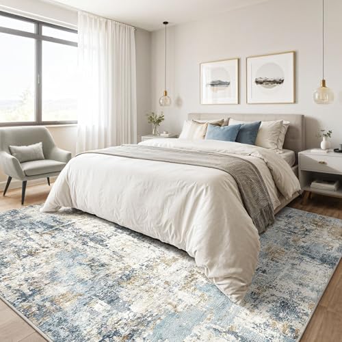 7x10 Area Rugs Washable Rug: Living Room Large Abstract Modern Soft Stain Resistant Indoor Floor Non Slip Accent Carpet for Bedroom Nursery Playroom Office Dining Room Dorm Home House- Blue