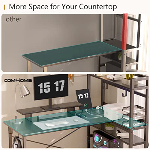 Comhoma Gaming L Shaped Computer Desk, 55" Inch Home Office Desk With Shelves, L Shape Computer Corner Desk With Charging Port, Gaming Table Power Outlet Build In, Led Writing Desk With Monitor Stand #TOP3