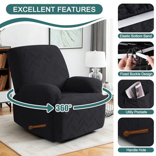 Image of Ruaozz Recliner Sofa Covers Recliner Chair Covers Recliner Covers for Reclining Chair with Pockets Washable Furniture Protector with Elastic Bottom (1 Seater, Black)