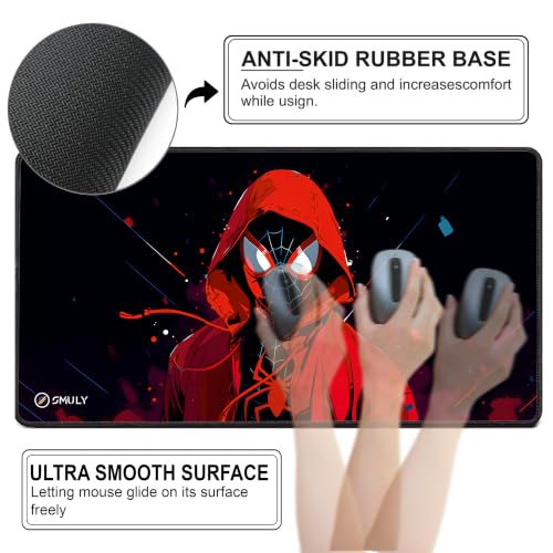 Image of Gaming Mouse Pad, Large Desk Mat 18 x 36 inch, Extended Washable Mousepad, Desk Pad, 3mm Thick Non-Slip Rubber Base, Stitched Edges, Smooth Surface (Multicolour) - Red Hoodie Spider Design