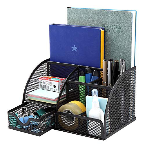 URbantin Mesh Desk Organizer with 7 Compartments + Drawer/Desk Tidy Candy/Pens Pencil Holder, Metal Desktop Organizers and Storage with Removable Drawer
