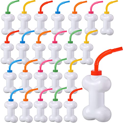 Eaasty 24 Pcs Dog Bone Cups with Straws and Lids 10oz Plastic Reusable Dog Bone Shaped Puppy Cups Set for Kids Birthday Party Gifts (White)