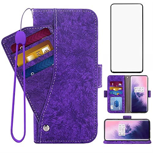 Asuwish Compatible with OnePlus 7 Pro Wallet Case Tempered Glass Screen Protector Card Holder Stand Kickstand Flip Phone Cases for OnePlus7Pro 5G One Plus 1+7 1Plus OnePlus7 7Pro One+ 1 + Seven Purple