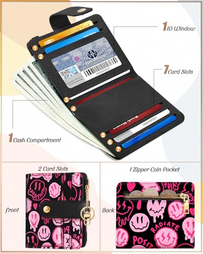 Image of Bistup Small Card Wallet for Women with Keychain, Y2K Pink Smile | Clear ID Window, Compact Design for Daily Carry, Durable Material, Sturdy Keychain, Aesthetic