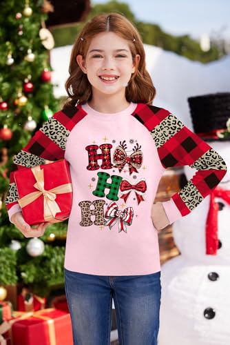 Image of BesserBay Girl's Christmas Buffalo Plaid Raglan Top Funny Holiday Graphic Shirt 4-14 Years