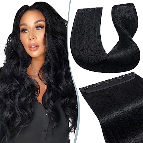 Elailite Extensiones de Cip de Pelo Natural #01 Negro Oscuro, 1 Mecha Clip in Hair Extensions Cabello Humano Lisas 60cm 60g