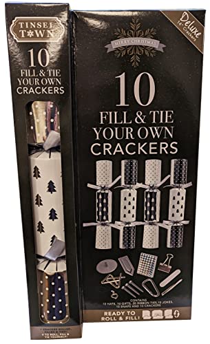 Quickdraw Make Your Own Christmas Crackers Kit Pack of 10 Deluxe Fill & Tie with Hats Gifts Jokes & Snaps Included (White & Silver Trees)