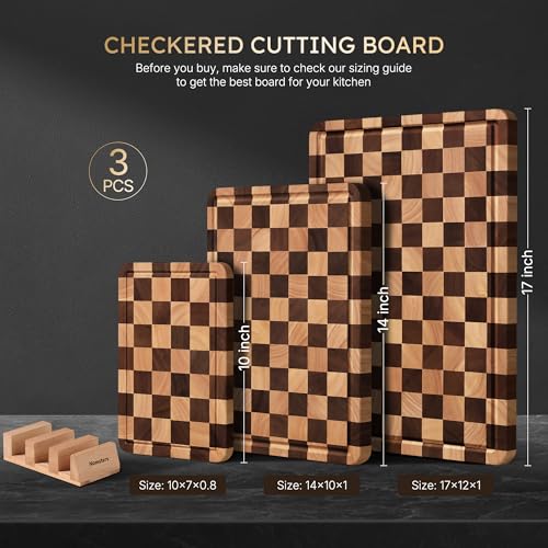 Image of 3 Packs Cutting Boards for Kitchen Checkered Cutting Board Acacia Wood Charcuterie Board Serving Heavy Duty Non Toxic Slip Butcher Block Wood Chopping Board with Juice Grooves Handles