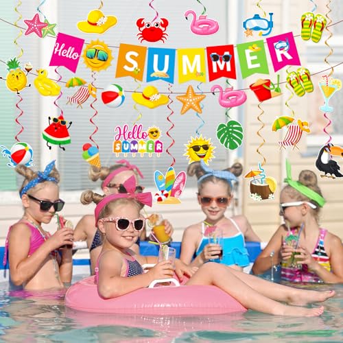 Image of Summer Party Decorations, Beach Party Decor Includes Hello Summer Banner Beach Hanging Swirls and Garland, Summer Decorations for Office Classroom, Pool Decorations