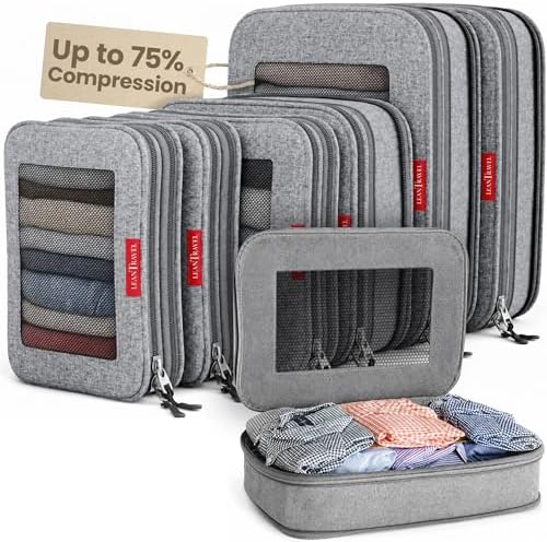 LeanTravel Premium Compression Packing Cubes for Travel - Suitcase Organizer Bags with Double Zipper & Breathable Mesh Panel - Space Saving Carry On Luggage Essentials (6-Pack, Grey)