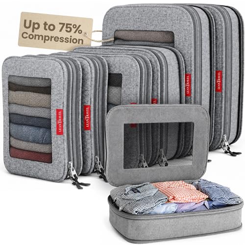 LeanTravel Premium Compression Packing Cubes for Travel - Suitcase Organizer Bags with Double Zipper & Breathable Mesh Panel - Space Saving Carry On Luggage Essentials (6-Pack, Grey)