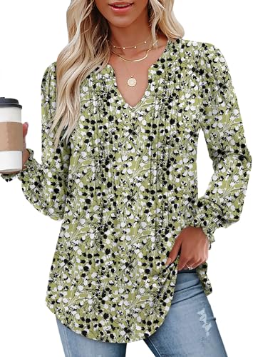 BETTE BOUTIK Long Sleeve Shirts for Women Fall Tops Dressy Blouses Pleated V Neck Tunic Tops for Leggings S-3XL