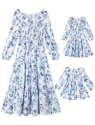 AWIBMK Mommy and Me Floral Dresses Boho Flowy Long Sleee Smocked Tiered Spring Fall Mother Daughter Matching Dresses
