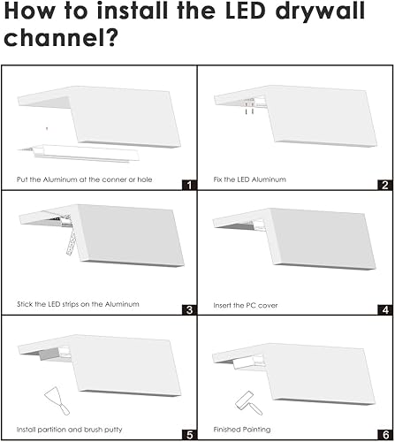 Miniatura 5 de Besseto Canal LED de yeso, 6 unidades, 6.6 pies6.6 ft de borde de molde, tira LED de aluminio, perfil LED de aluminio empotrado sin bordes con