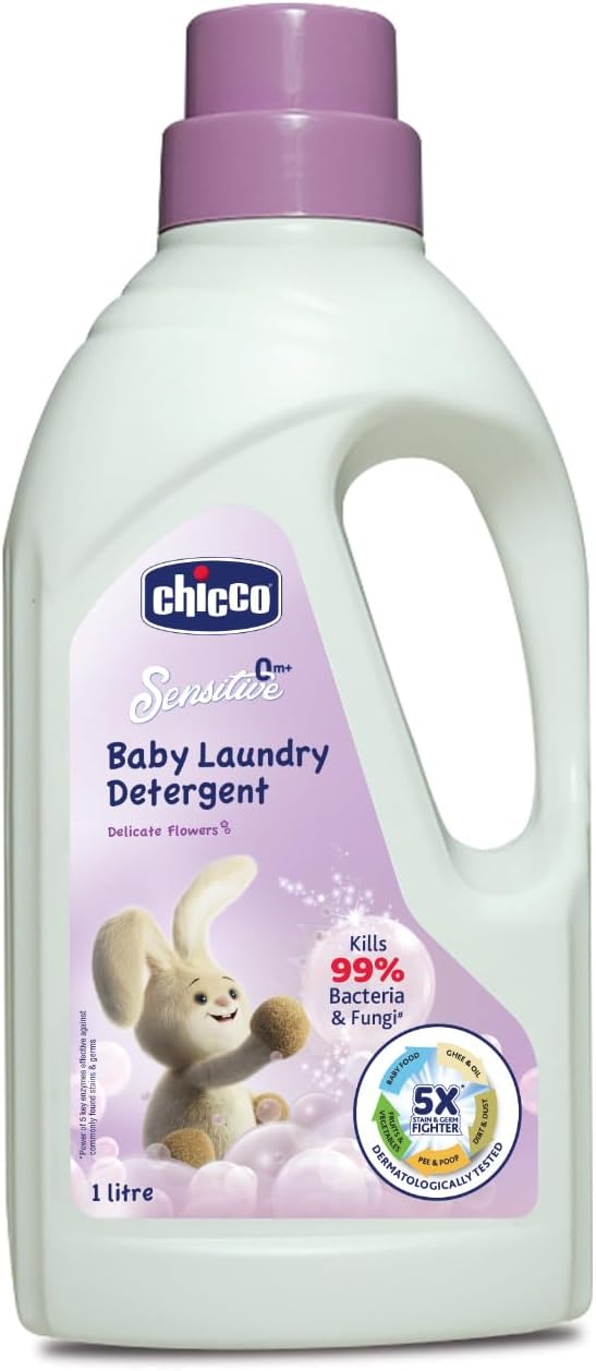 Chicco Baby Liquid Laundry Detergent, 5X Stain & Germ Fighter, Kills 99% Of Germs, Dermatologically Tested For Effective & Gentle Cleaning, Delicate Flowers (1 L)