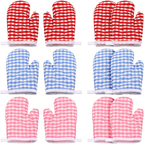 12 Pcs Kids Oven Mitts Children Heat Resistant Kitchen Mitts Checkered Kitchen Oven Gloves Kids Kitchen Mittens for Safe Cooking Baking Microwave Child Play BBQ Grilling, Age 2-10 (Red, Pink, Blue)