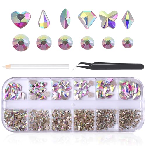 RODAKY White AB Nail Rhinestones for Nails 860Pcs Nail Art Crystal Gems Stones White AB Crystal Flatback Rhinestones for Crafts Mixed Shapes Size Nail Diamond Design Charms DIY Crafts Jewelry Decor