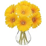 Briful Gerbera Daisy Artificial Flowers,Realistic Silk Daisy Faux Flowers in Glass Vase with Fake Water,Fall Yellow Fake Flowers with Stem for Home Kitchen Living Room Bathroom Décor