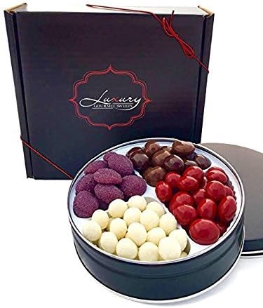 Sweet Holiday Gift - Chocolates & Candy in Tin - Sugar Plum Candies, Chocolate Covered Sea Salt Caramels, Red Chocolate Cherries, Sugar Cookie Bites Coated in White Chocolate- Festive Christmas Gift