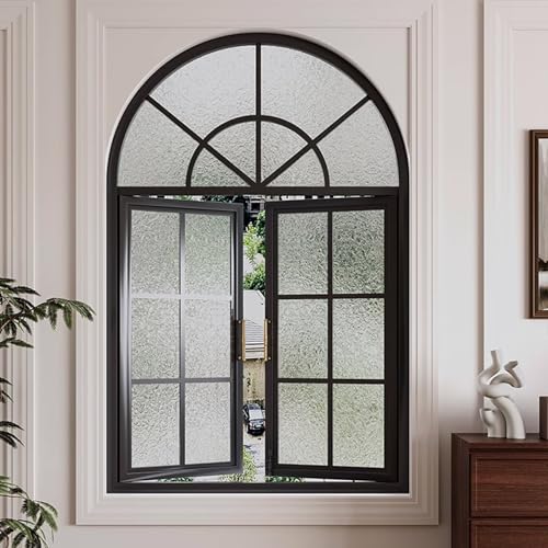 Vintage Arched Glass Room Divider - Elegant French Wrought Iron Window Panels for Dining Kitchen Loft & Bedroom Decor Stylish Home Accent & Interior Design Enhancer