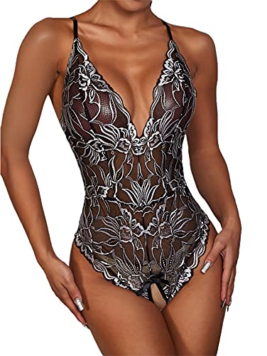 SheIn Women's Plunge V Neck Lingerie Bodysuit Sexy Floral Lace One Piece Teddy Babydoll