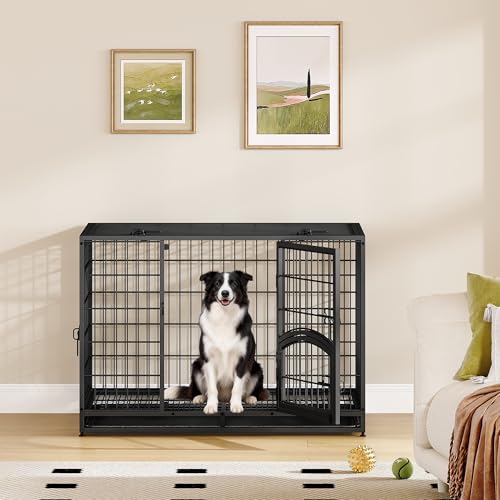 Fobyfurny Hundekäfig Hochbelastbar, XL Gitterbox für Zuhause, 4-Türiger Hundebox Metall mit Seitentür und Herausnehmbares Bodenschale, Leicht zu Reinigen, Haustierkäfig, Schwarz, 107 x 70 x 75 cm